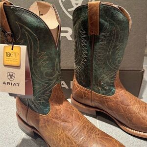 Ariat Brown and Green Cowboy Boots with Decorative Stitching